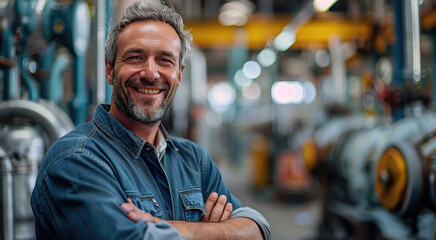Poster - Portrait of a smiling adult men in a modern factory, clear facial features, soft diffused natural light. Generative AI.