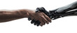 © THINGDSGN - Human hand shaking a robotic hand in a futuristic setting, future of human-machine interaction and the growing role of artificial intelligence in society