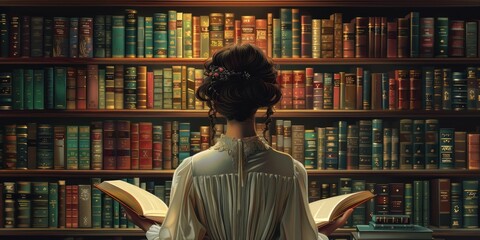 Sticker - Woman Choosing a Book in a Grand Library