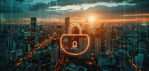 Fototapete - Safe City, The overall aesthetic is sleek and modern, with a focus on technology and urban development. lock symbol in the center. Generative AI.