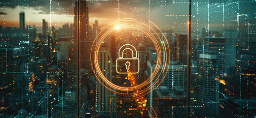 Fototapete - Safe City, The overall aesthetic is sleek and modern, with a focus on technology and urban development. lock symbol in the center. Generative AI.