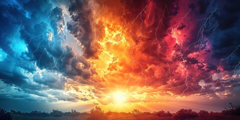 Sticker - Fiery Sunset with Dramatic Lightning Strikes