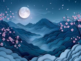 Wall Mural - A tranquil 3D papercut illustration of a mountain night with cherry blossoms in full bloom and a luminous moon, featuring intricate layers and delicate details, Papercut, Cool tones, Smooth gradients