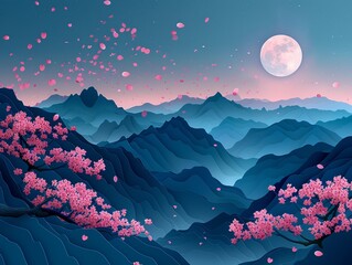 Wall Mural - A serene night scene with cherry blossoms on a mountain, a glowing full moon in the sky, crafted in 3D papercut style, with layered petals and textured mountains, Papercut