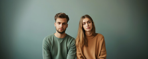 Two young adults posing seriously against a teal backdrop.