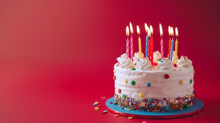 Poster - A birthday cake with white frosting and colorful sprinkles, topped with lit candles on a red background.