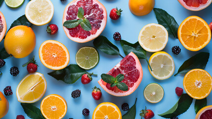 Sticker - Fresh Citrus Fruits and Berries on Blue Background.