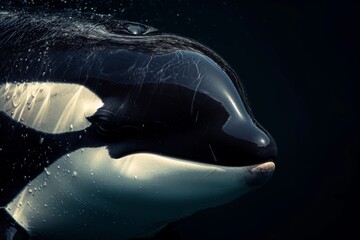mystic portrait of killer whale, copy space on right side, anger, menacing, headshot, close-up view