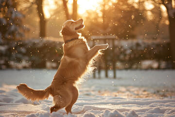 Wall Mural - a dog is jumping up in the air in the snow