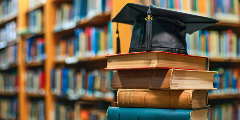 Graduation Cap on Stack of Books in Library.