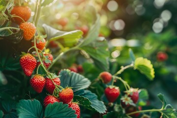 Juicy fresh ripe strawberries on a branch in nature outdoors close-up macro. Beautiful berries strawberries with leaves on a light green natural background. Generative AI