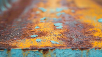 Poster - Selective focus on rusty metal plate with yellow and blue steel rust texture for background and copy space