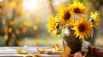 Wall Mural - Yellow sunflower arrangement in vintage vase on wooden surface Focus on autumn theme