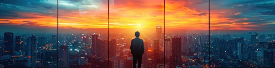 Poster - Silhouette of a Man Against a Cityscape at Sunset