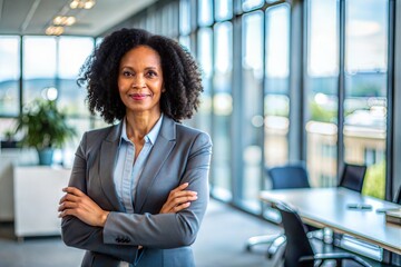 portrait of confident businesswoman with arms crossed standing at office.