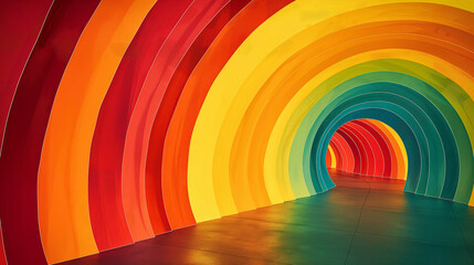 Wall Mural - A colorful rainbow tunnel with a bright yellow stripe. The tunnel is long and narrow, and the colors are vibrant and bold. Concept of excitement and wonder