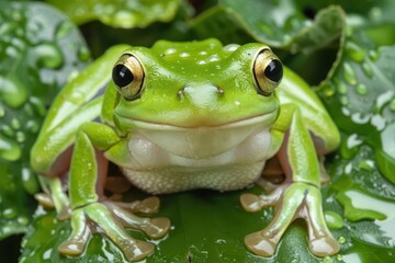 Wall Mural - green tree frog with white lips from birds eye view