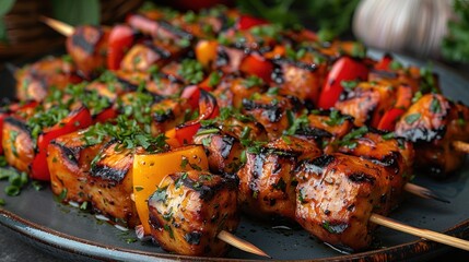 Wall Mural - Close-up of grilled chicken and bell pepper skewers on a plate