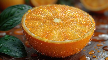Wall Mural - A close-up of an orange slice with water droplets