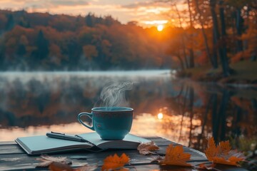 Wall Mural - A tea cup with steam rising, a notebook, and pen on a table, with a backdrop of an autumn sunset reflecting on a calm lakeA tea cup with steam rising, a notebook, and pen on a table, with a backdrop 