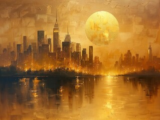 A painting of a city skyline with a large, golden sun setting in the background