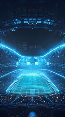 Wall Mural - Futuristic Neon-Lit Football Stadium with Sleek Geometric Architecture and Expansive Seating Tiers