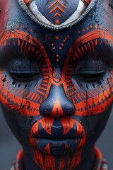 Sticker - Striking Geometric African Mask - Minimalist Tribal Ritual Artwork in Monochrome Tones