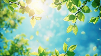 Wall Mural - Sunny spring day with fresh leaves and blue sky Spring freshness and fragrance with text space