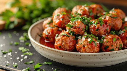 Wall Mural - Close-up of a plate of meatballs in a rich sauce with parsley