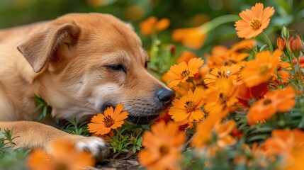 Wall Mural - younger shiba inu colored flowers hd movie style hd image  