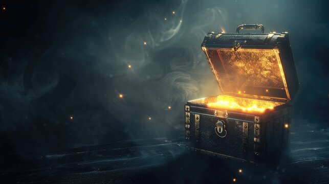 A mysterious treasure chest slightly ajar, with glowing light coming out, and a dark background perfect for text.