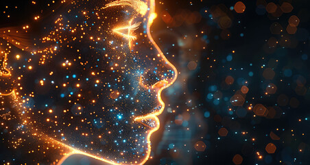 for skin care advertisement, digital luminous dots form an abstract human form, a feminine face repr
