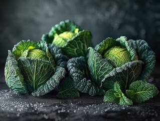 Wall Mural - Three cabbages and mint leaves arranged on a dark counter