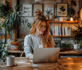 A young woman is working on her laptop in a cozy home office filled with plants