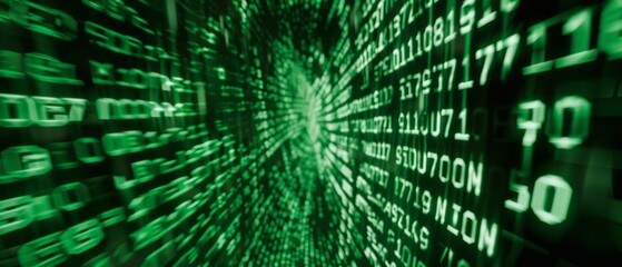 Wall Mural - green digital code flowing through a digital tunnel