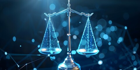 Wall Mural - Digital Scales of Justice in Blue on Futuristic Data Network Background. Concept Justice System, Data Network, Futuristic Technology, Digital Scales, Blue Color Palette