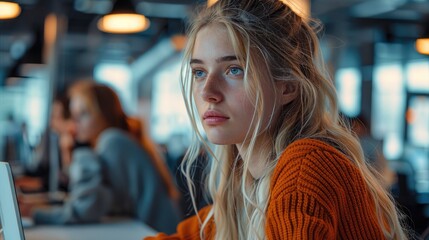 Poster - Women working at technology program in office. Generative AI.