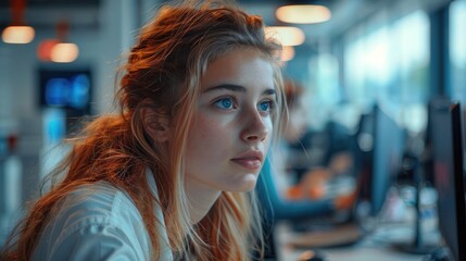 Poster - Women working at technology program in office. Generative AI.