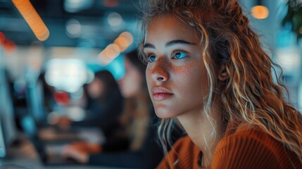 Poster - Women working at technology program in office. Generative AI.