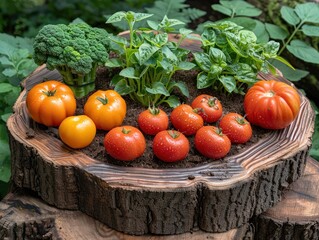 Close-up of wooden tree stump garden w/ ripe tomatoes, broccoli, greenery