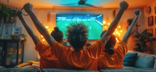 A football fans cheering during a football match they watch on TV at home. three people, seen from behind, who are watching and cheering at the TV, with a lot of orange. Generative AI.