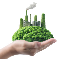 Green factory model in hand symbolizing eco-friendly industry and sustainability clipart on transparent background