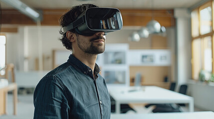 Aufkleber - A young architect in a modern office, wearing VR headset and presenting his new project by a table with a house layout. Generative AI.