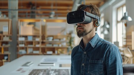 Aufkleber - A young architect in a modern office, wearing VR headset and presenting his new project by a table with a house layout. Generative AI.