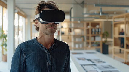 Aufkleber - A young architect in a modern office, wearing VR headset and presenting his new project by a table with a house layout. Generative AI.
