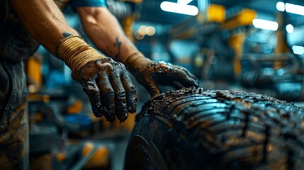 Wall Mural - Mechanic's hands full of grease while working on a tire, embodying the hands-on nature of car repairs and the physical effort involved in maintaining vehicles.