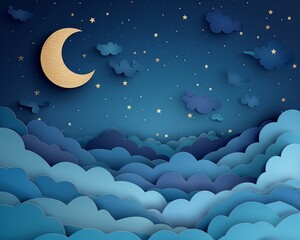 Wall Mural - A serene night sky scene with a crescent moon and twinkling stars, crafted in 3D papercut style, featuring layered clouds and a deep blue backdrop, Papercut, Cool tones, Subtle shadows