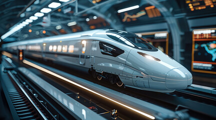 Wall Mural - A bullet train, Modern commuter train inside the railway station. Generative AI.