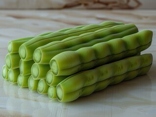Wall Mural - A close-up view of green beans stacked on a white marble surface