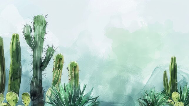Hand-painted cactus scene with a watercolor effect, providing a serene backdrop for inserting text.